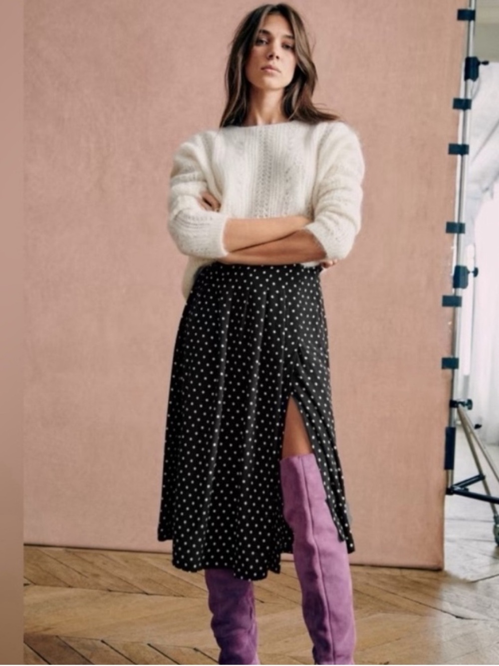 Sezane Alicia Black Polka Dot Midi Skirt 34